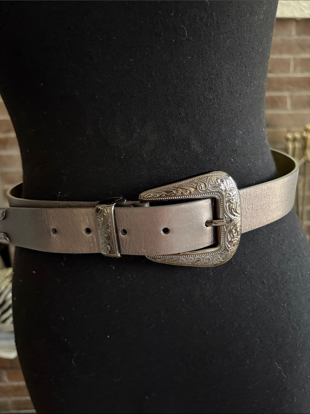Vince Camuto Metallic Pewter Leather Western Buckle Belt